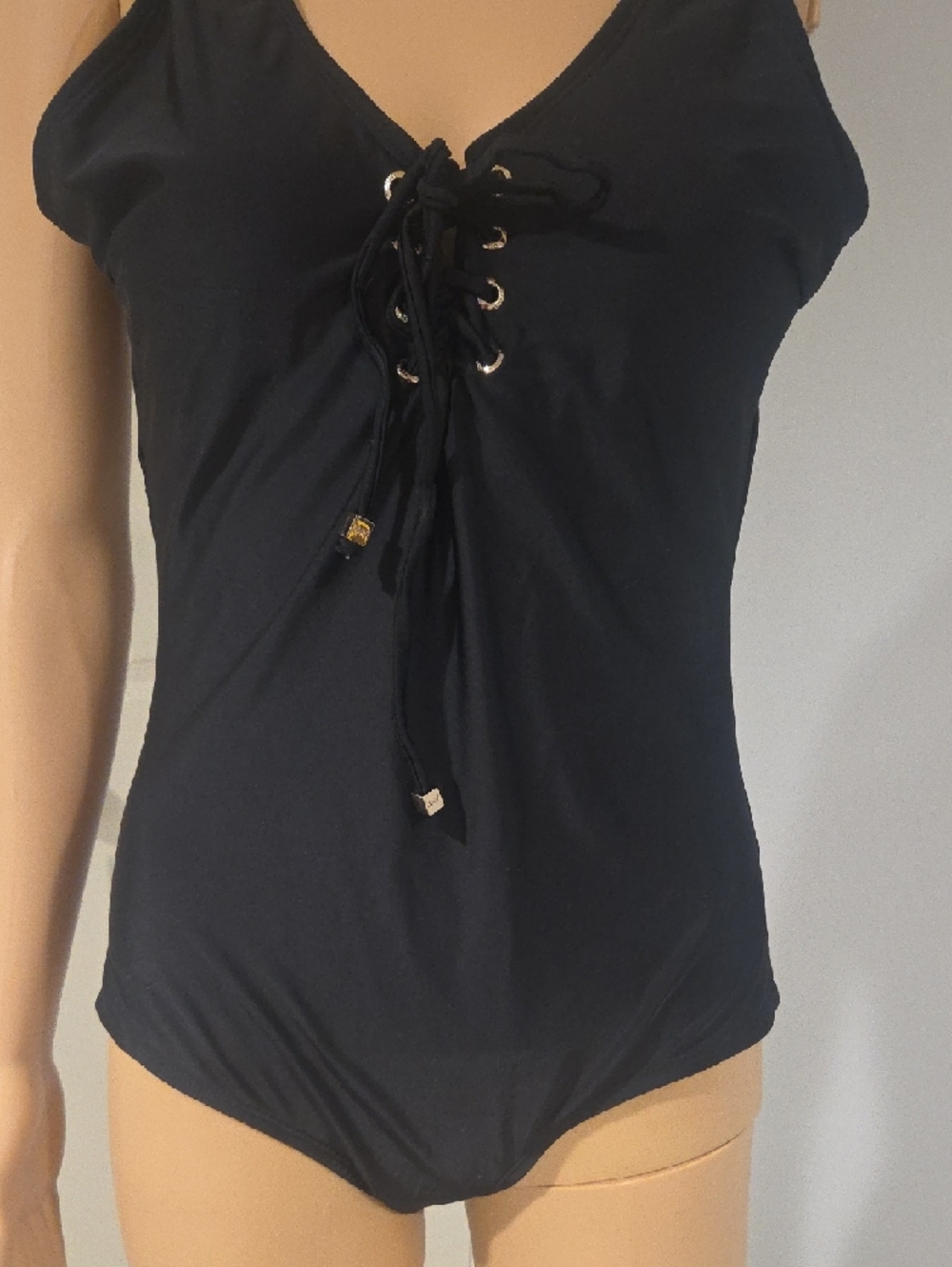 Jones New York Black Lace-Up V-Neck One-Piece Swimsuit with Gold-Tip Ties - Picture 3 of 6